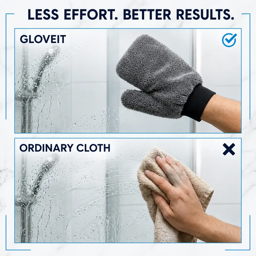 GloveIt mitt compared with an ordinary cloth on the same wet shower glass