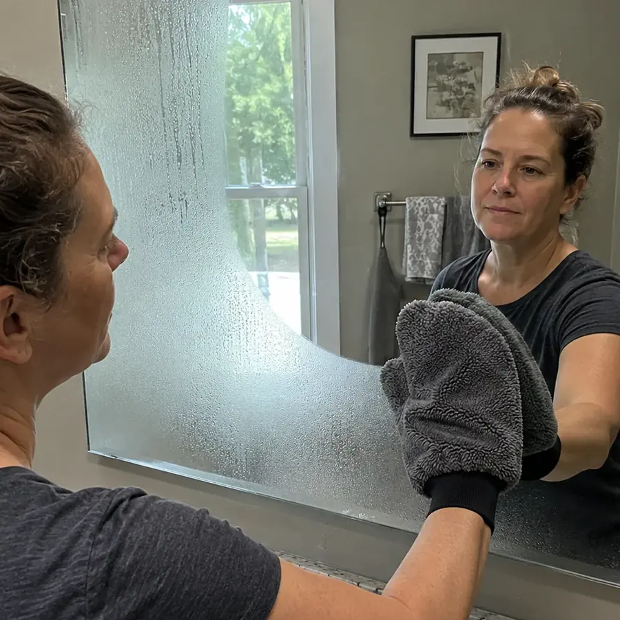 Woman wiping her bathroom mirror clear with the GloveIt mitt