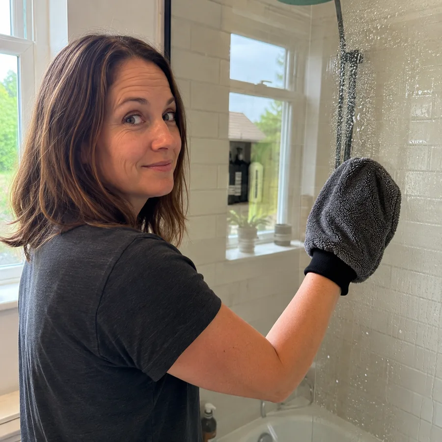 Dana wiping down her shower screen with the GloveIt mitt
