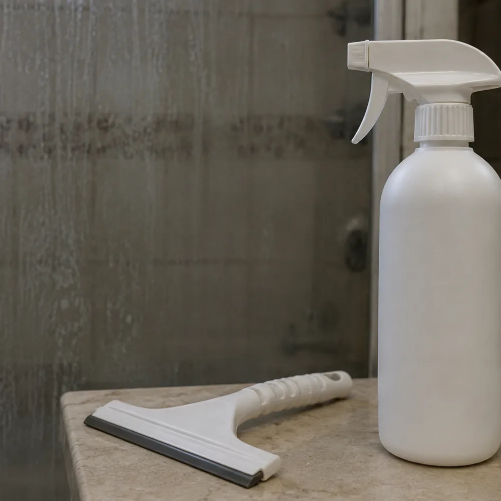 A shower squeegee and a bottle of glass spray on a bathroom counter